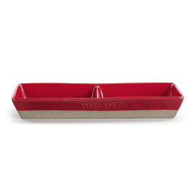 A rectangular red ceramic divided dish with a tan textured base. The front of the dish says "Dig In".