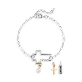 A silver chain bracelet with a open cross that is used to place other charms on.