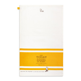 A yellow and white kitchen towel with an illustration of Pooh and the saying "May Today be sweeter than a Smackerel of Hunny", displayed with the towel laid out flat.