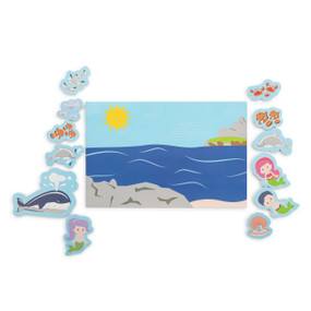 A two sided bath playmat in a ocean theme. There are individual pieces of different sea animals and mermaids you would find in the ocean.