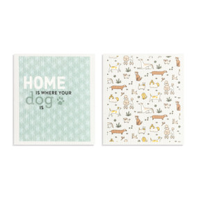 Two light green and white biodegradable dish cloths. One has illustrations of dogs and the other is teal with the saying "Home is where your dog is".