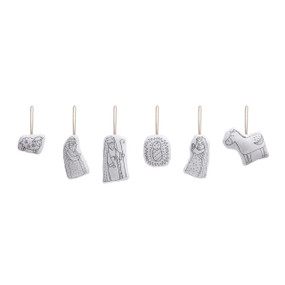 A set of six white plush nativity themed ornaments meant for coloring.