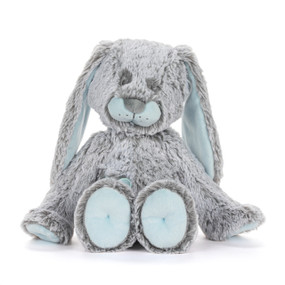 A gray plush bunny with light blue nose, paws and long floppy ears.