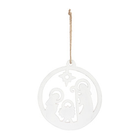 A white enamel round wood ornament with a cutout of the nativity scene.