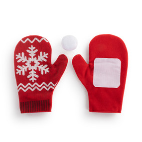 A snowball toss game played with two red mittens that the ball will stick to the palm.