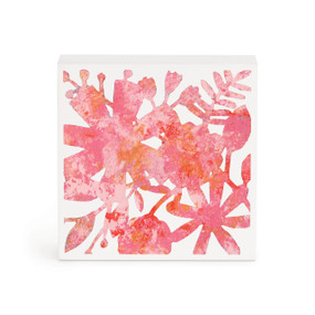 A small white box artwork of pink florals on a white background.