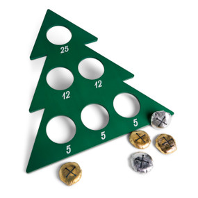 A green tree shaped jingle bell toss game with six holes in the board worth different points. Round bean bags are included in gold and silver that look like bells.