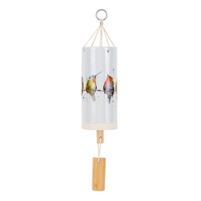 A white tubular ceramic wind chime with a wood chime. There are watercolor hummingbirds on a wire around the outside.
