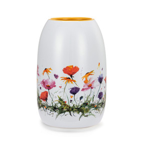 A white ceramic vase with a yellow interior and colorful watercolor wildflowers all around the outside.