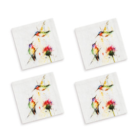 A set of four white cocktail napkins with a watercolor image of hummingbirds at a flower.