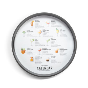 A round gray tray with side handles. The interior has illustrations and instructions for monthly cocktails.