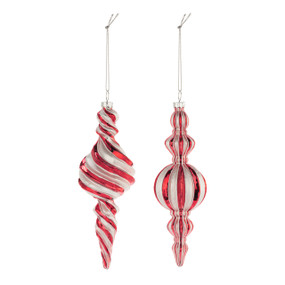 A set of two different red and white striped finial hanging ornaments.