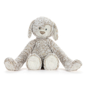 A cream plush puppy with a heather face and paws. The arms are long and weighted for hugging.