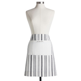 A gray and white vertical stripe half apron with a white pocket that says "Hey, Hot Stuff", displayed on a mannequin.