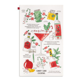 A white kitchen towel with illustrations and directions for making a candy cane cocktail, displayed laid out flat.