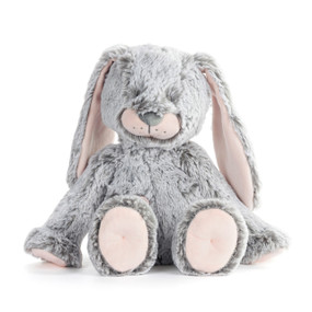 A gray plush bunny with light pink nose, paws and long floppy ears.