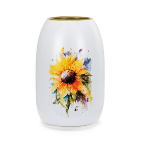 A white ceramic vase with a green interior and a yellow watercolor sunflower on each side.