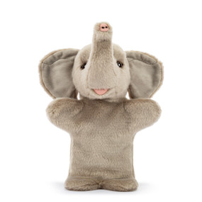 A plush hand puppet of a gray elephant with large ears and a trunk.