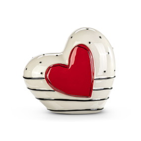 A black and cream heart shaped ceramic bank with a large red heart on the front.