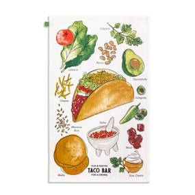 A white kitchen towel with colorful illustrations and possible ingredients for a taco bar.