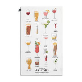 A white fabric towel with colorful illustrations and names of "glass types".