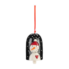 A black ceramic bell with a raised image of a snowman in a red hat with a red heart on the front.