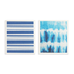 Two blue and white biodegradable dish cloths. One is blue and white stripes and the other has a blue and white tie dye look.