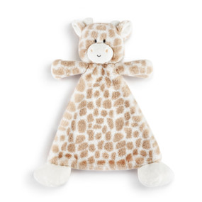 A cream and brown spotted blankie with the head of a giraffe and large cream feet.