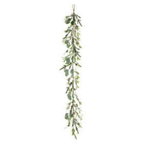 A garland of several different greenery and berries with a hanging loop at one end.