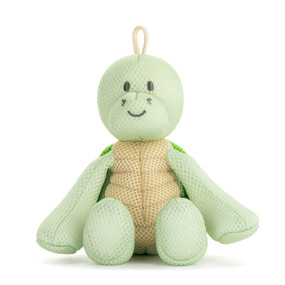 A light green plush bathtime turtle with a dark green shell. The turtle has a hanger at the top.
