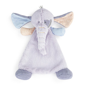A light gray blankie with the ears and trunk of a elephant and knit dark gray feet.