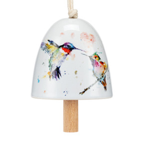 A white mini ceramic bell with a wood clapper. The bell has a watercolor image of hummingbirds on it.