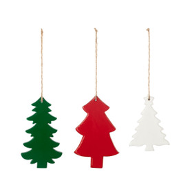 A set of three different wood enamel tree ornaments, one each in red, green and white.
