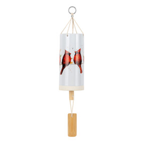 A white tubular ceramic wind chime with a wood chime. There are watercolor cardinals perched on a wire around the outside.
