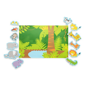 A two sided bath playmat in a jungle theme. There are individual pieces of different animals you would find in the jungle.