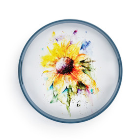 A round blue tray with side handles. The interior has watercolor artwork of a yellow sunflower.