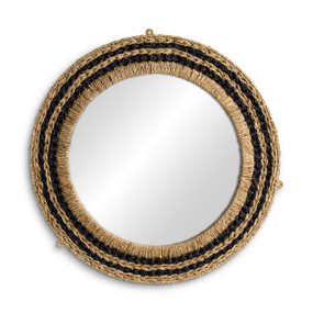 A round mirror in a woven black and tan frame.