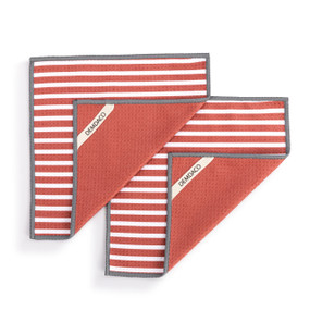 Two square red and white double sided cloths, displayed with the front striped side showing and the edge turned over to show the fabric loop on the back.