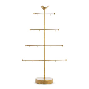 A gold metal ornament tree hanger with four branch hangers getting smaller toward the top. There is a small gold bird at the top.