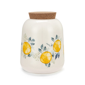 A medium sized white ceramic container with a cork lid. The container has illustrated lemons and leaves.
