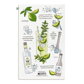 A white kitchen towel with illustrations and directions for making a mojito cocktail, displayed laid out flat.