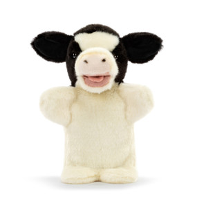 A plush hand puppet of a black and white cow.