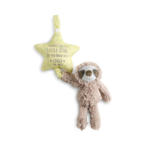 A gray plush sloth hanging from a yellow plush star that says "Twinkle, Twinkle Little Star, Do You Know How Loved You Are?" in purple.