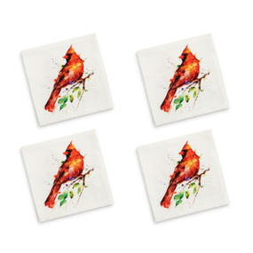 A set of four white cocktail napkins with a watercolor image of a red cardinal.
