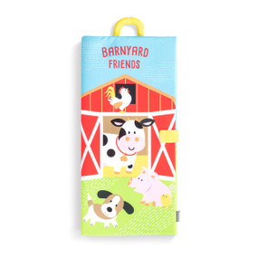 A sensory playmat with a barnyard friends theme displayed folded and showing the handle at the top.