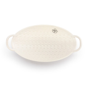 An oval woven looking plastic basket with handles on the sides.