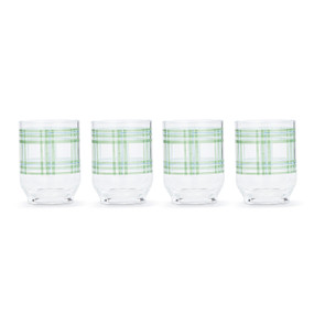A set of four clear acrylic glasses with a green plaid pattern.