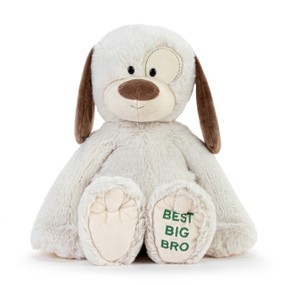 A cream plush dog with brown ears and nose and a paw that says "Best Big Bro".