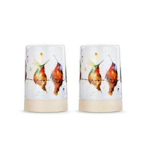 A set of two white ceramic salt and pepper shakers with a cream textured base. There is a watercolor image of hummingbirds on them.