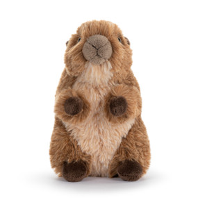 A brown standing plush beaver with a tan belly and dark brown paws.